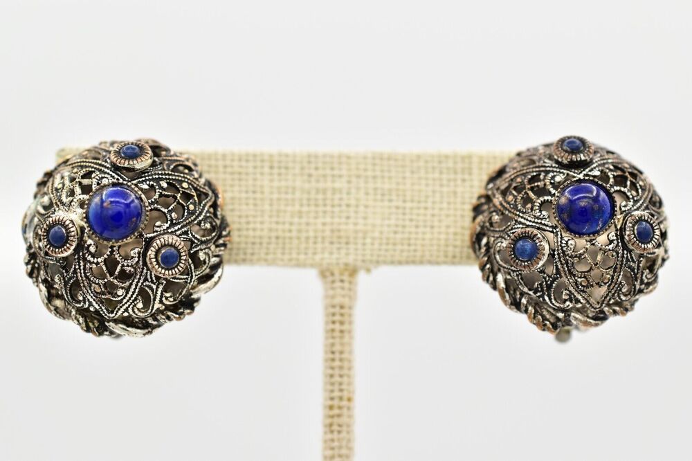 Austria Vintage Lapis Cabochon Clip Earrings Blue Gunmetal Round Signed BinZ